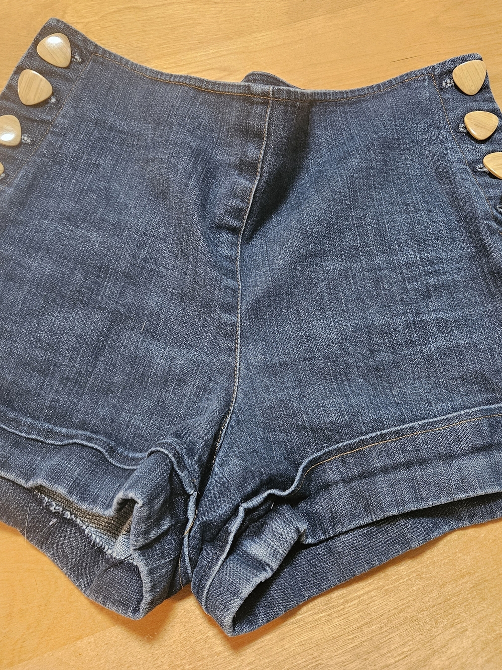 High-Waist Dark Blue Denim Shorts with Button Detail